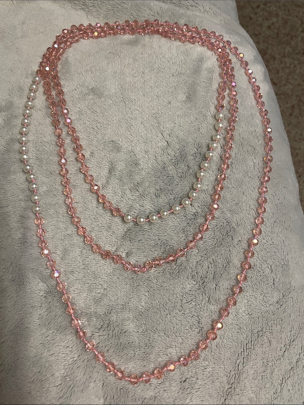 Vintage pink Austrian crystal and pearl beaded long wrappable necklace